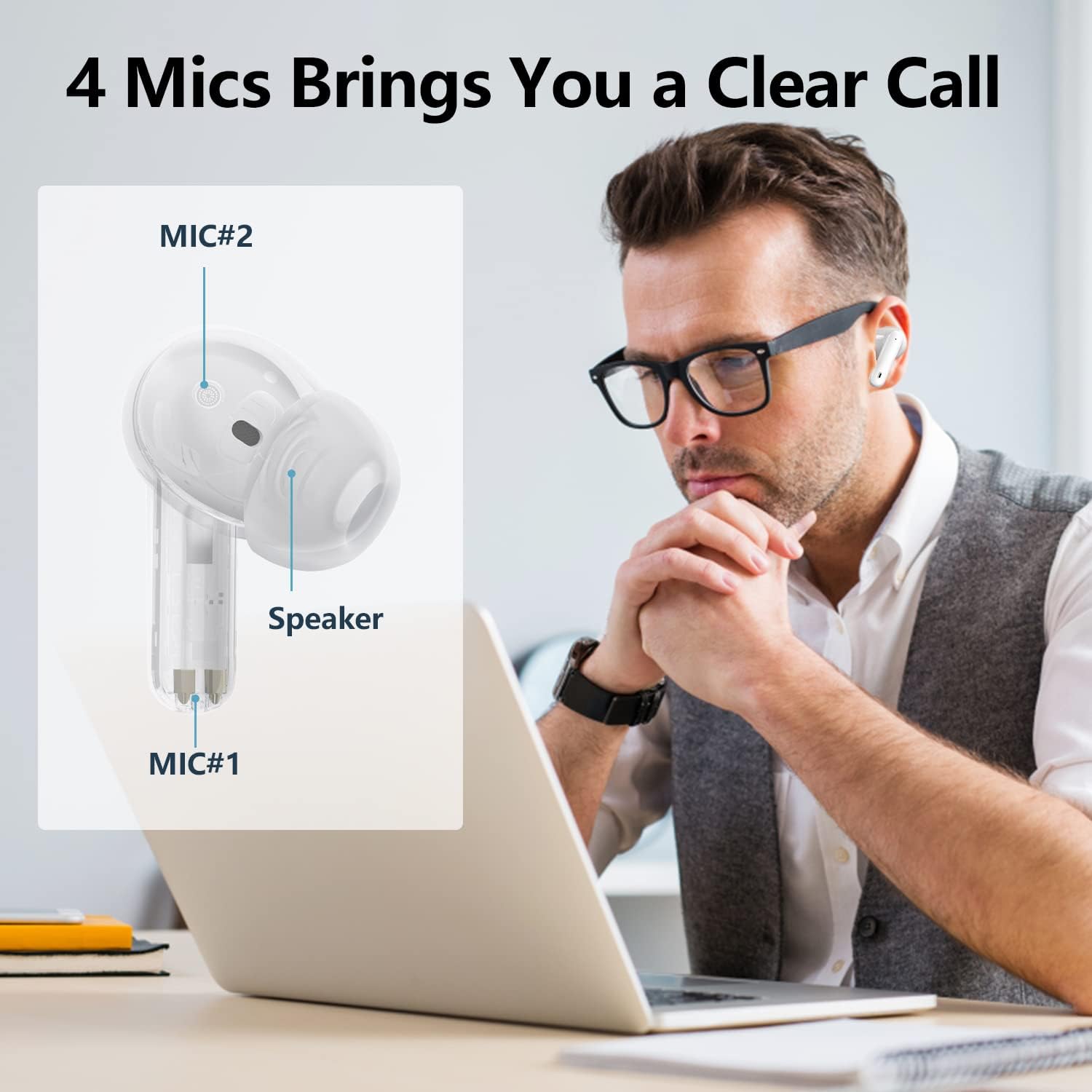 A40 Pro Wireless Earbuds, 50Hrs Playtime Bluetooth Earbuds Built in Noise Cancellation Mic with Charging Case, Bluetooth Headphones with Stereo Sound, IPX7 Waterproof Ear Buds for Phone - Image 2