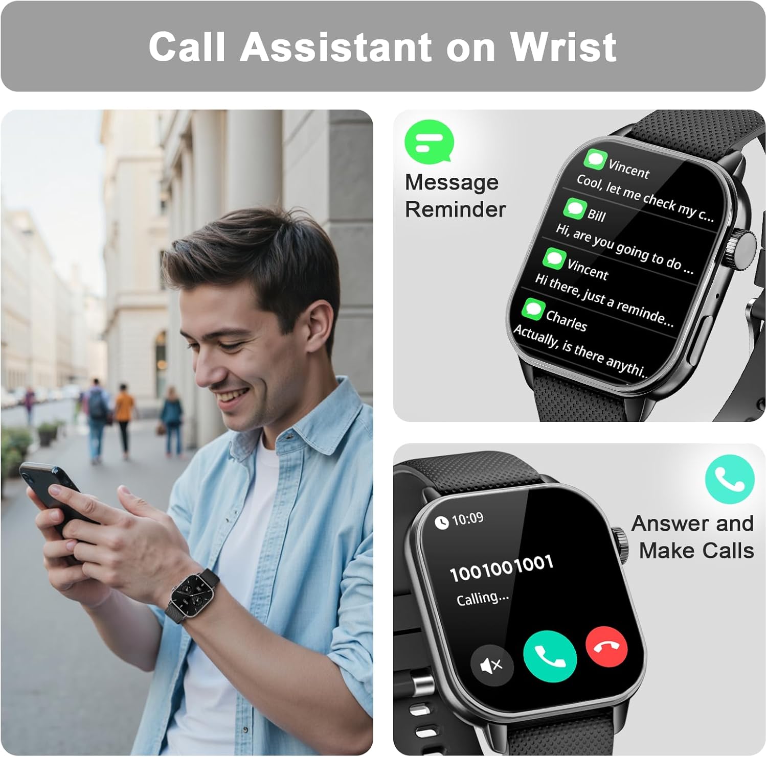 Smart Watch for Men Women(answer/make calls), 1.85'' AMOLED HD Always On Display, Smartwatch with Calories/Heart Rate/Sleep Monitor, 100+ Sports Modes Fitness Tracker, IP68 Waterproof Pedometer, Black - Image 2