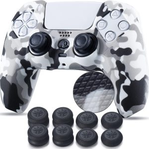 Studded Printing Silicone Cover Skin Case for PS5 Controller x 1(White) with Pro Thumb Grips x 10